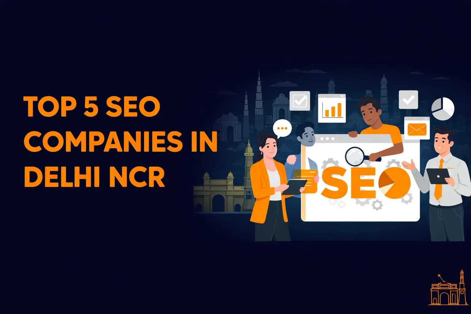 Top 5 SEO Companies in Delhi NCR illustration showcasing SEO services in Delhi NCR and digital marketing team