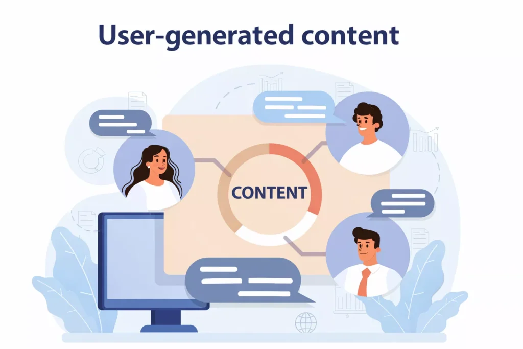 User-generated content strategy illustration with customer reviews and social media engagement