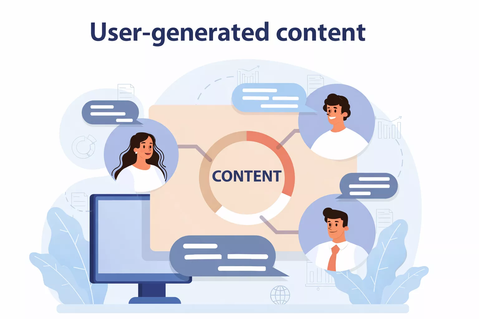 User-generated content strategy illustration with customer reviews and social media engagement